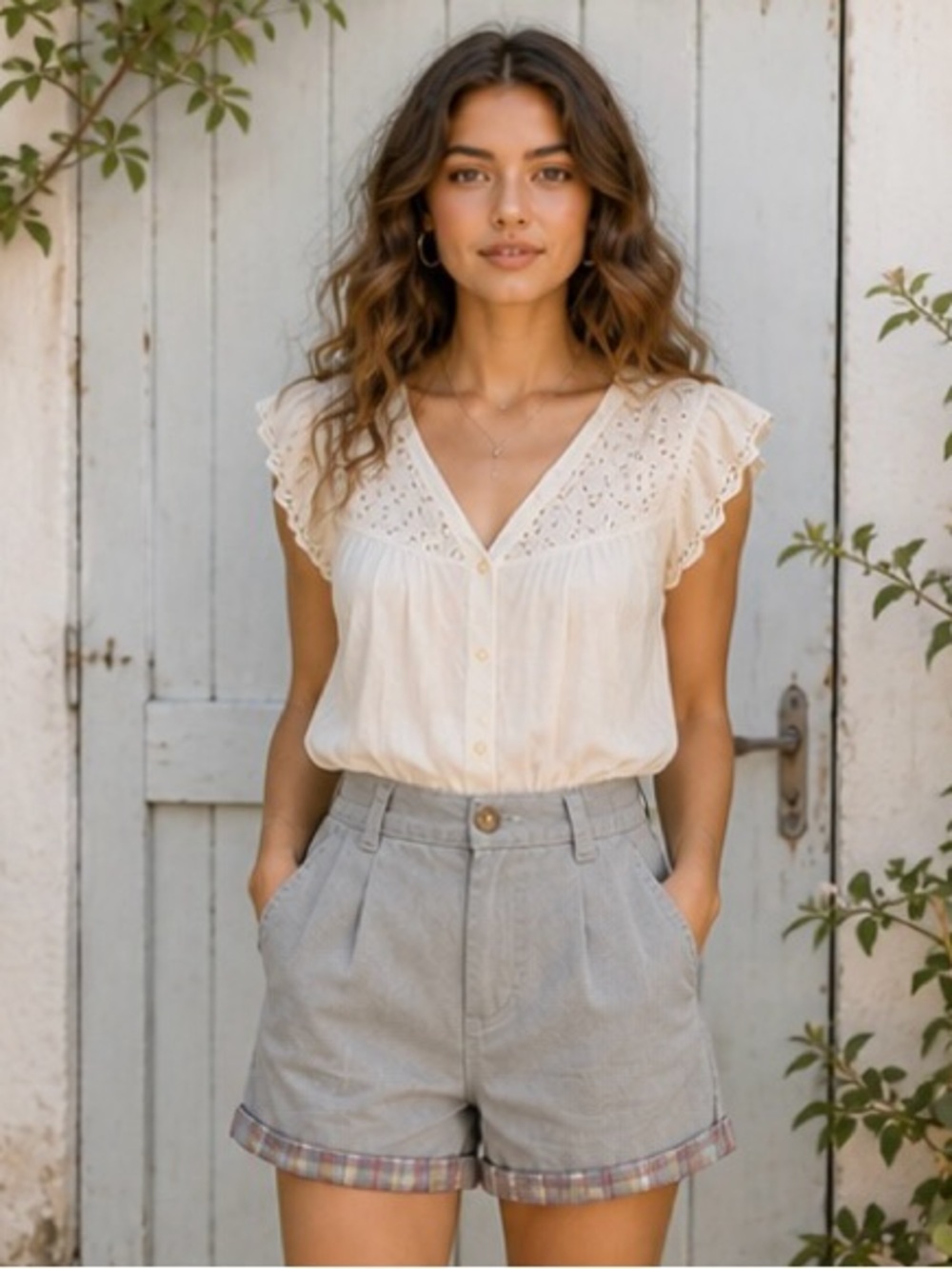 Easel Gray Cottagecore Pleated Shorts w/ Plaid Cuff | High Waist Spring & Summer
